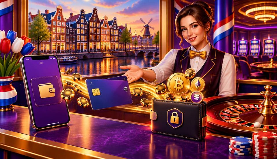 Cartoonillustratie van iDEAL, betaalkaart, telefoon en crypto munten bij een casino zonder Cruks aan een Nederlandse gracht