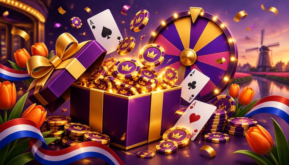 Cartoonillustratie van een paarse bonusdoos met gouden fiches en free spins bij een casino zonder Cruks