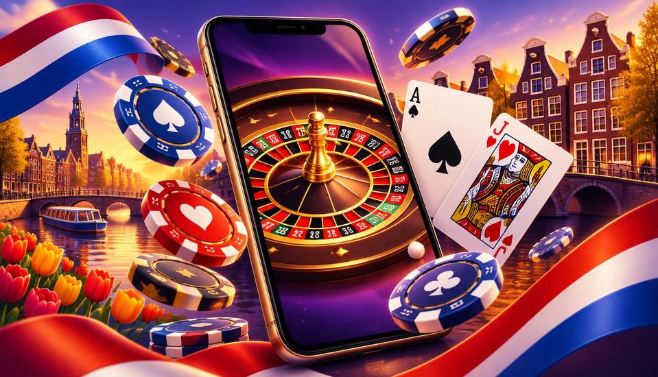 Cartoonillustratie van een online casino zonder Cruks op een smartphone met roulette, fiches en Amsterdamse grachtenpanden