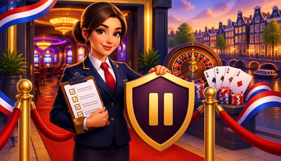 Cartoonillustratie van vipshops.nl: Nederlandse casino-ingang met roulette en een pauzeschild als symbool voor het Cruks-register
