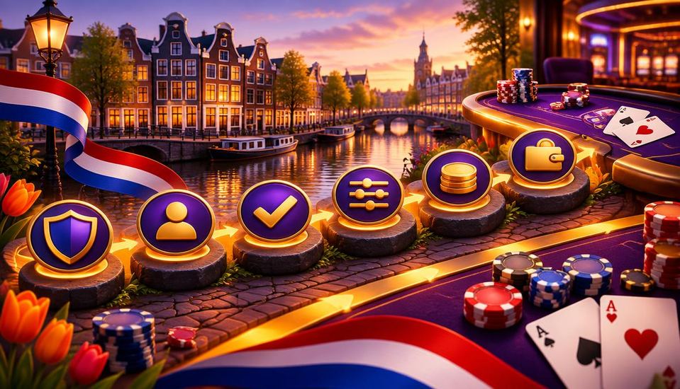 Cartoonillustratie van een stappenpad langs account, controle, limieten, storting en uitbetaling bij een casino zonder Cruks