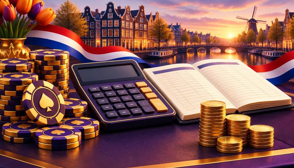 Cartoonillustratie van casinofiches, rekenmachine en administratieboek voor kansspelbelasting bij een casino zonder Cruks