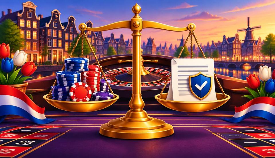 Cartoonillustratie van een gouden weegschaal met casinofiches en een vergunningsdocument over gokken zonder Cruks in Nederland