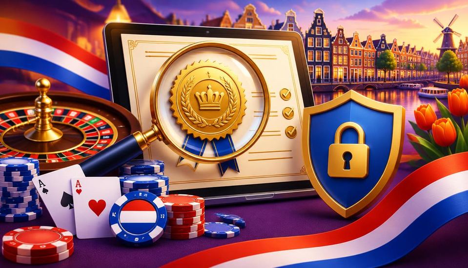 Cartoonillustratie van vipshops.nl: een buitenlands vergunningscertificaat onder een vergrootglas naast een schild, over casino's zonder Nederlandse licentie