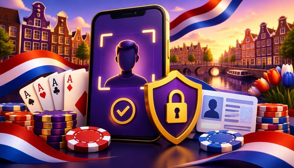 Cartoonillustratie van identiteitsverificatie op een telefoon bij een casino zonder Cruks, met ID-kaart en slot