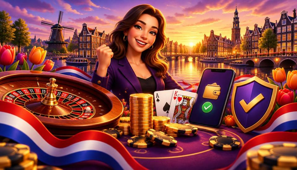 Cartoonillustratie van vipshops.nl met roulette, speelkaarten, fiches en schild: samenvatting van de beste casino's zonder Cruks