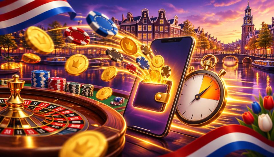 Cartoonillustratie van een casino zonder Cruks met snelle uitbetaling: vliegende munten, smartphone en stopwatch