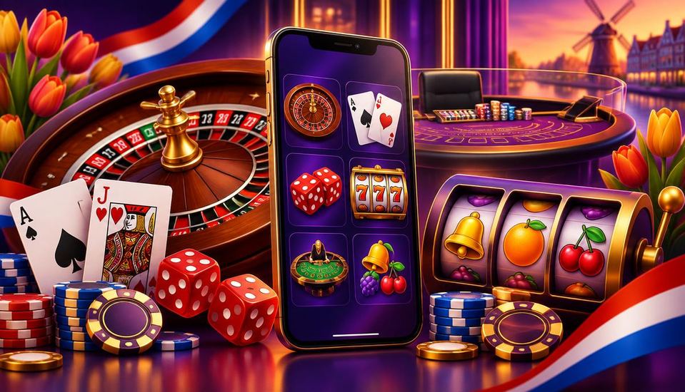 Cartoonillustratie van casinospellen op een telefoon met roulette, blackjack en slots bij een online casino zonder Cruks