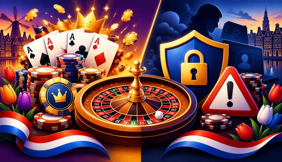 Cartoonillustratie met casinowinst tegenover een slot en waarschuwing, de voor- en nadelen van gokken zonder Cruks